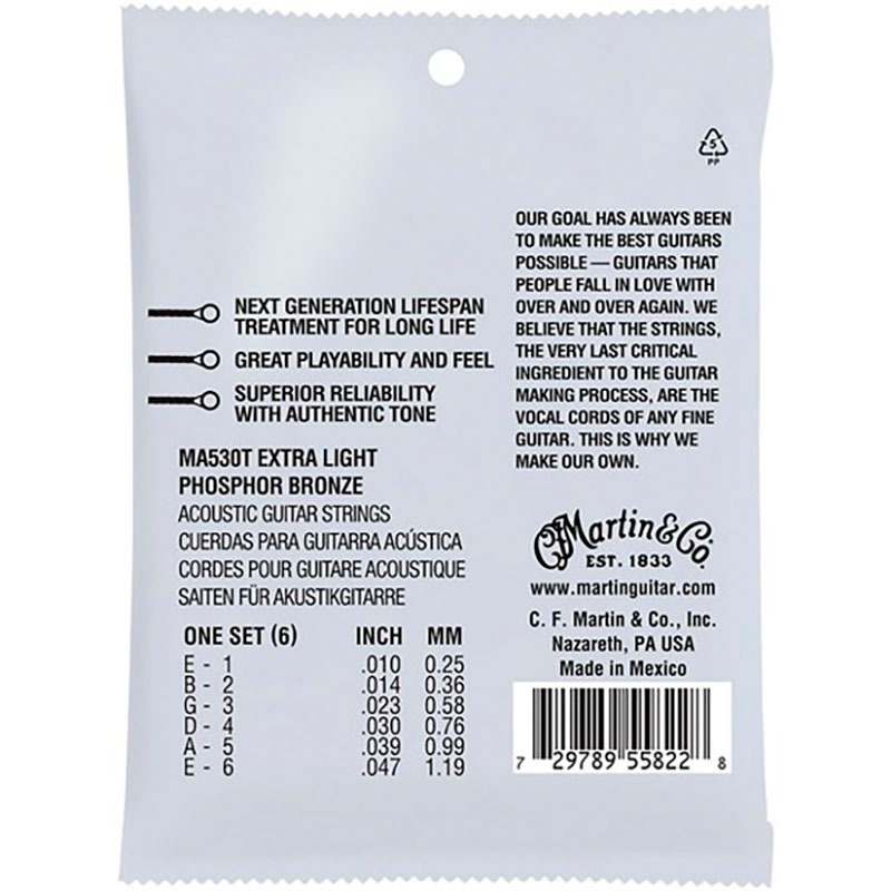 Струны для акустической гитары Martin MA530T 92/8 Lifespan Treated Phosphor Bronze Extra Light Authentic 10/47