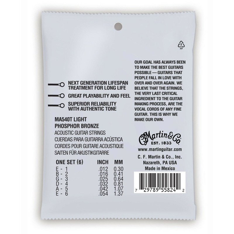 Струны для акустической гитары Martin MA540T 92/8 Lifespan Treated Phosphor Bronze Light Authentic 12/54