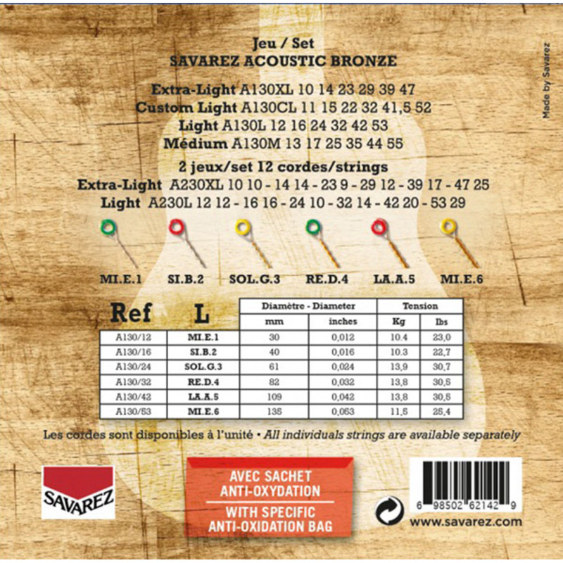 Струны для акустической гитары Savarez A130L Bronze Light 12/53