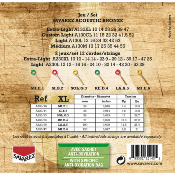 Струны для акустической гитары Savarez A130XL Bronze Extra Light 10/47