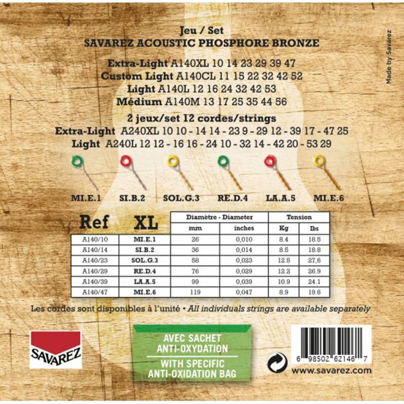 Струни для акустичної гітари Savarez A140XL Phosphor Bronze Extra Light 10/47